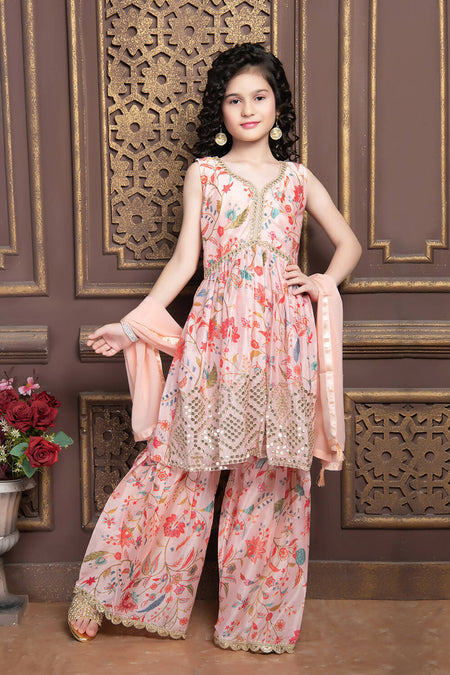 Kids Functional Designer Multi Chinon Sharara Suit - Aaradhna