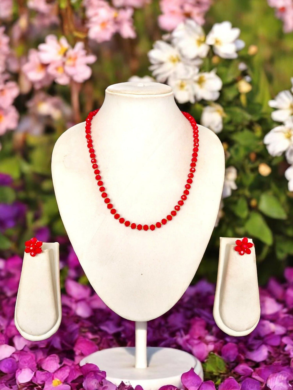 Inhanns Crystal Bloom – Single Line Necklace + Studs - Dark Red