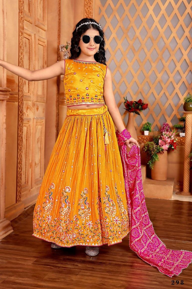 Kids Functional Designer Mustard Chinon Fab Lehenga choli - Aaradhna