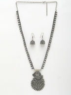 NVR Women's Silver-Toned Peacock Design Oxidized Necklace with Jhumka Earrings