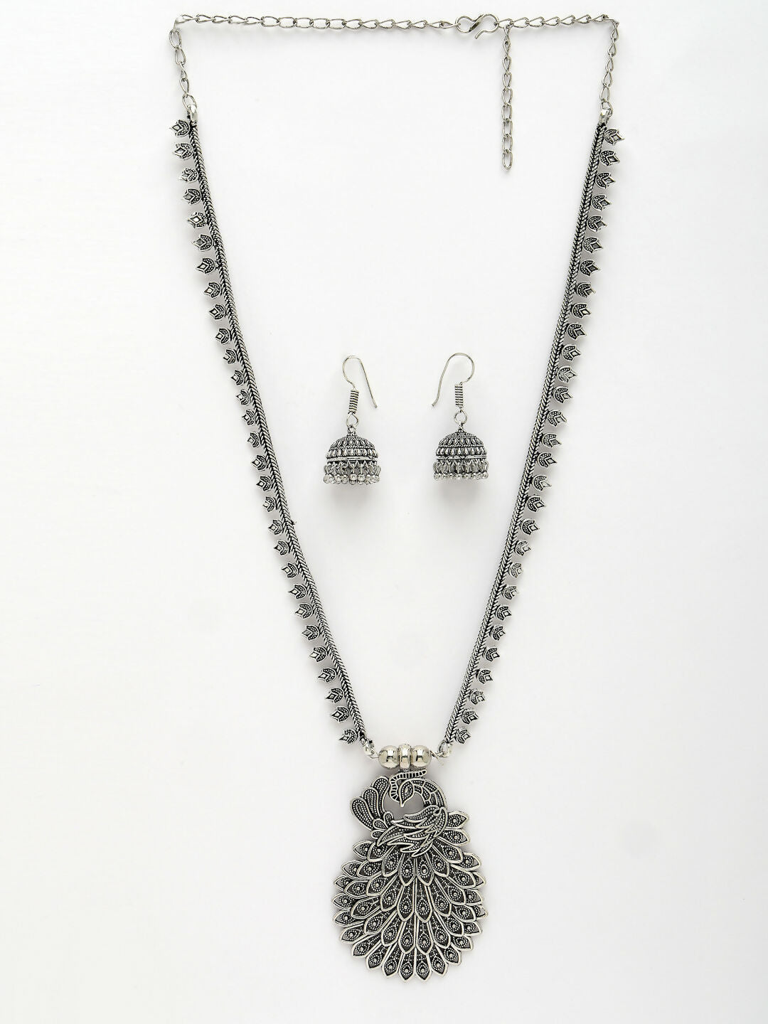NVR Women's Silver-Toned Peacock Design Oxidized Necklace with Jhumka Earrings