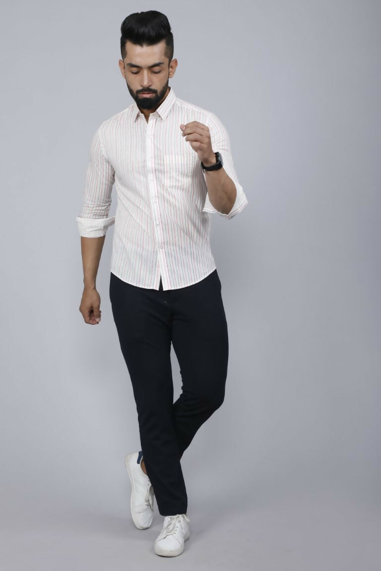 Miravan Men's White Spread Collar Striped Print Casual Shirt