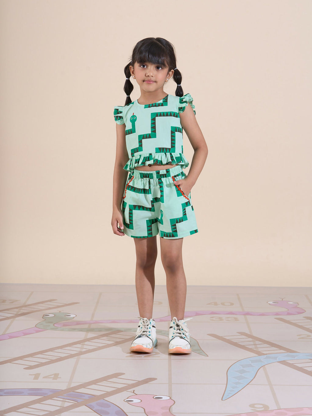 Snakes and Ladders Girls Green Table Print Top and Shorts Sets from Siblings Collection
