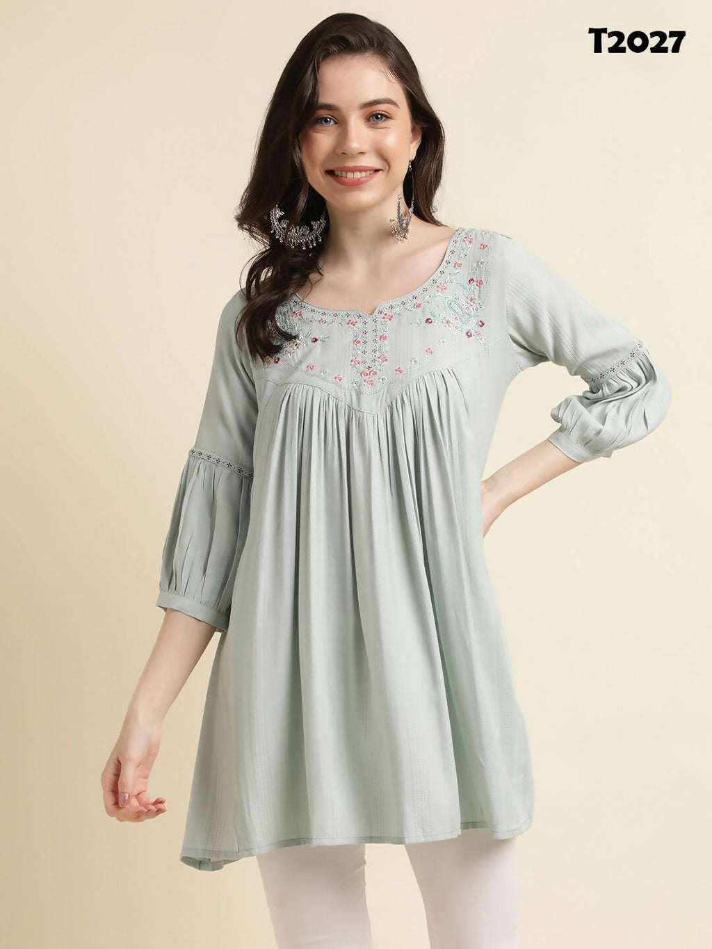 Light Blue Poly Cotton Yoke Embroidered A-line Top - Tarini