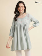 Light Blue Poly Cotton Yoke Embroidered A-line Top - Tarini