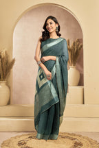 Vastranavya Morpeach Digital Printed Linen Ready To Wear Pocket Saree with Unstitched Blouse - Distacart