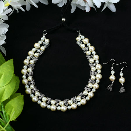 Mominos Fashion Johar Kamal Silver-Plated Brass Finish Pearls Work Choker For Women (White)
