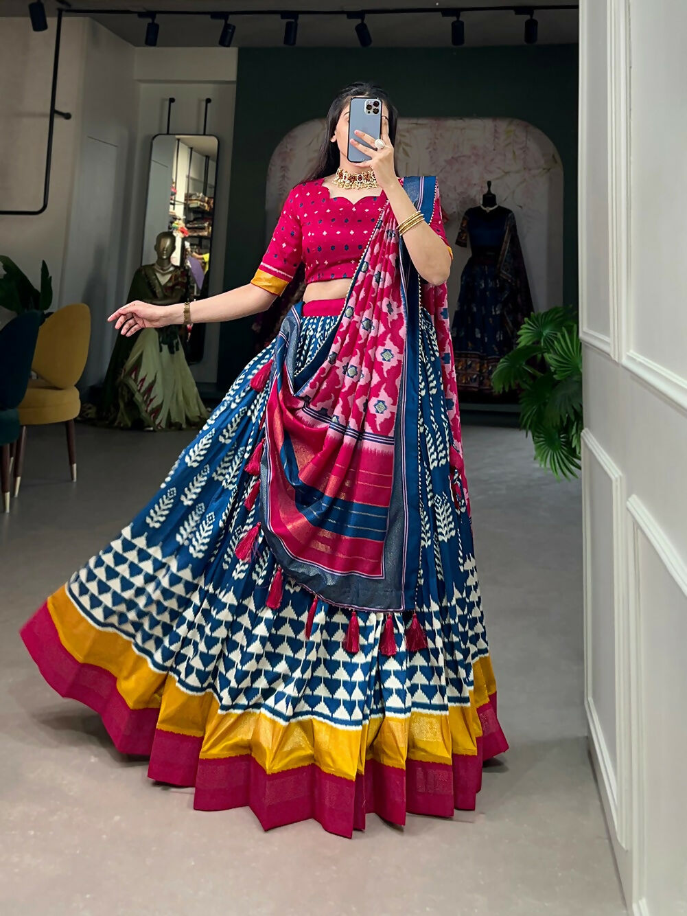 Vastranavya Traditional Printed Tusser Silk Lehenga Choli - Blue