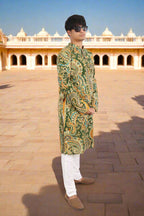 Souchii Men Green & Mustard Pure Cotton Paisley Printed Straight Kurta