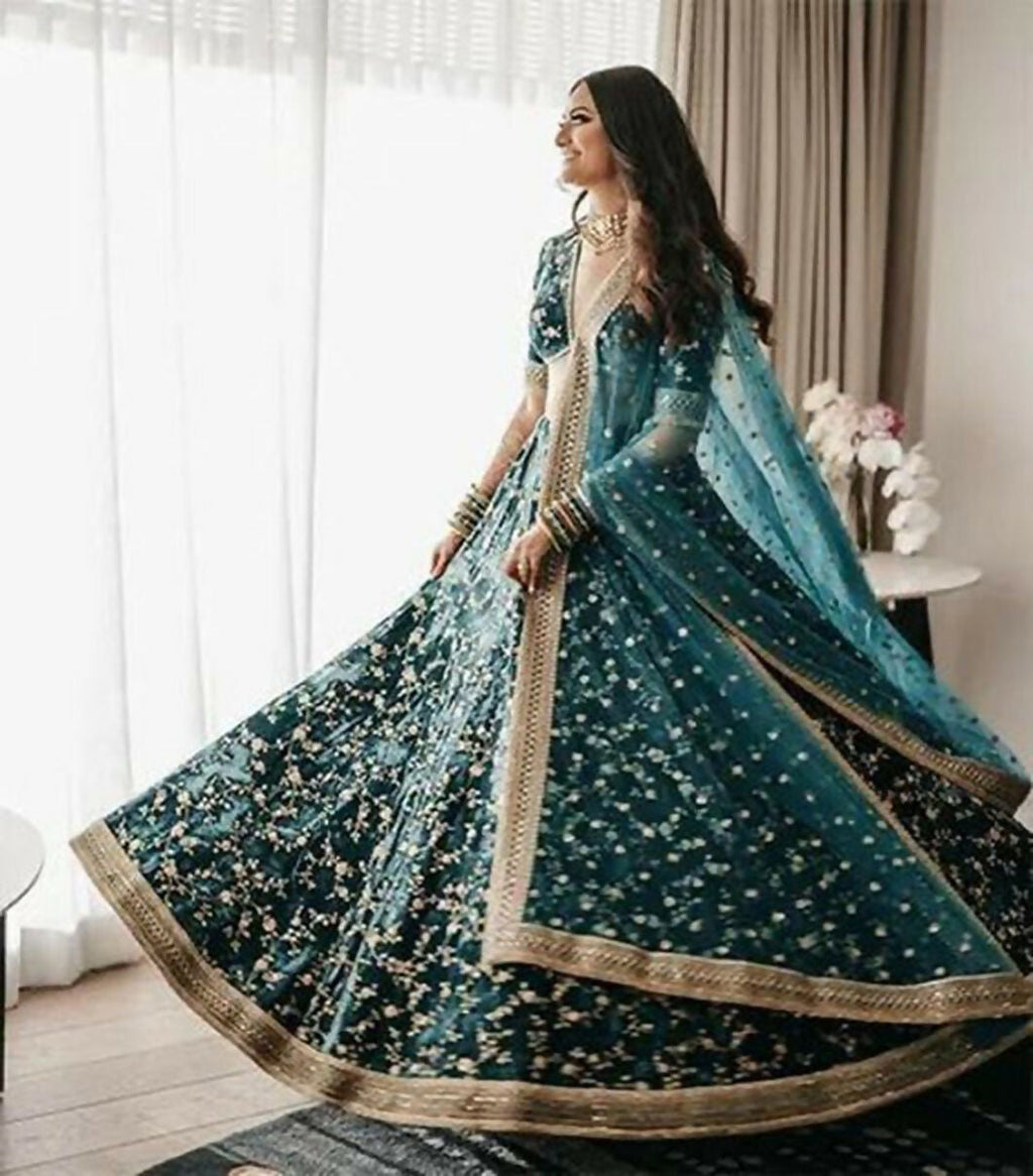 Jyoti Fashion Bottle Green Cording & Sequence Embroidery Velvet Lehenga Choli with Dupatta