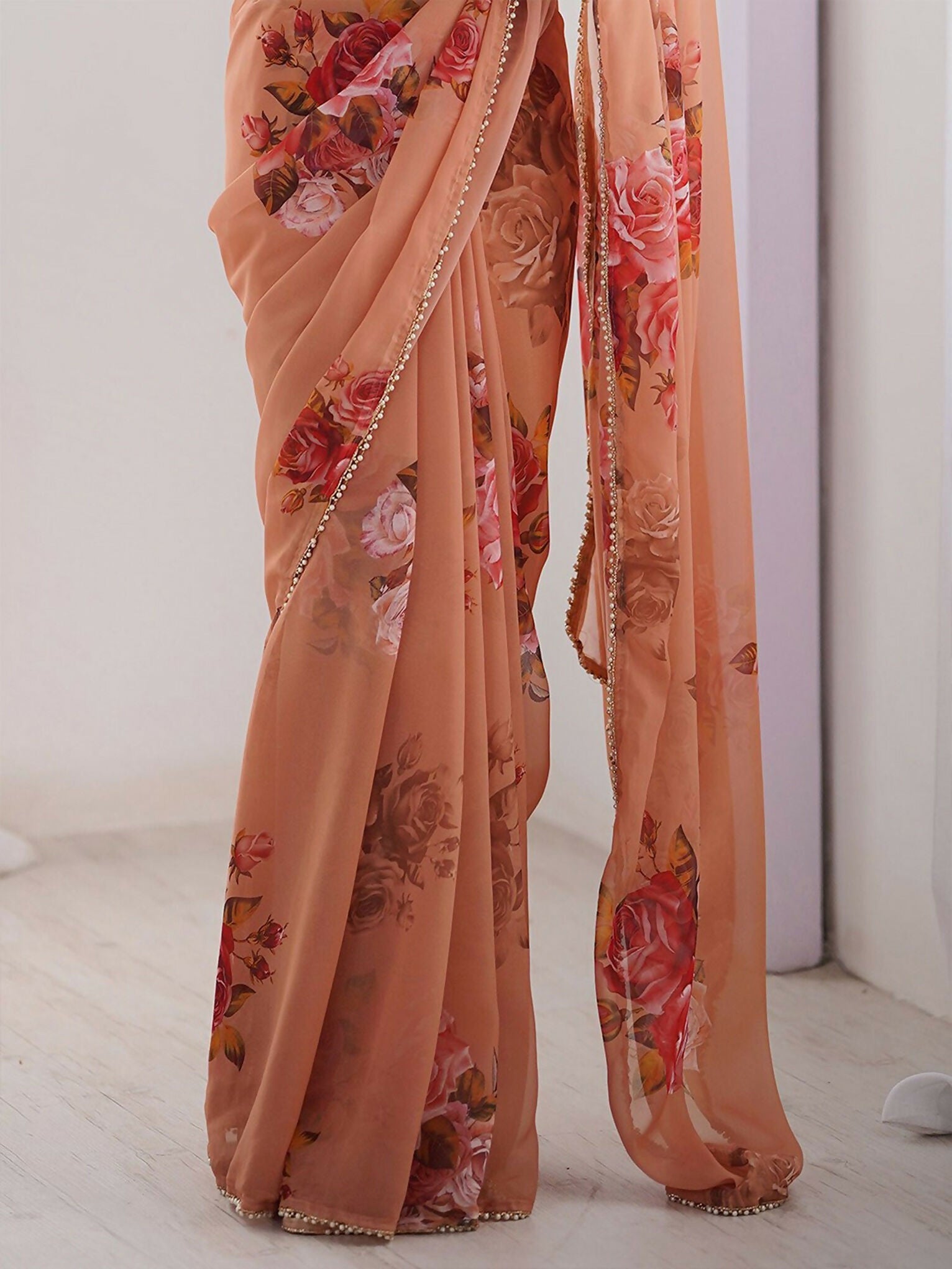 Traditional Partywear Peach Georgette Fancy Saree-Pavitra - Distacart
