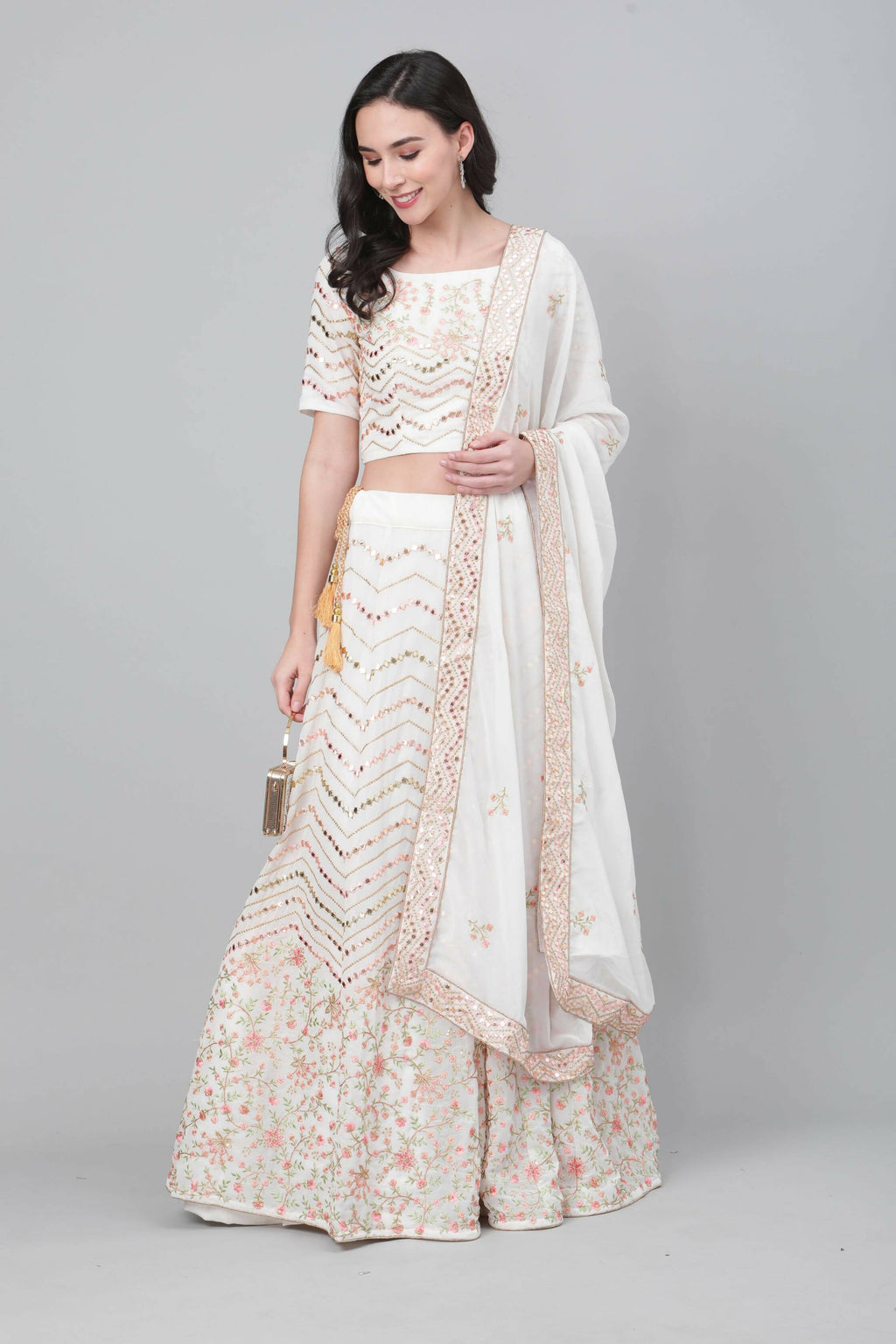 Pearl White Georgette Sequins Embroidery with Mirror work Lehenga Choli with Dupatta - Jivika