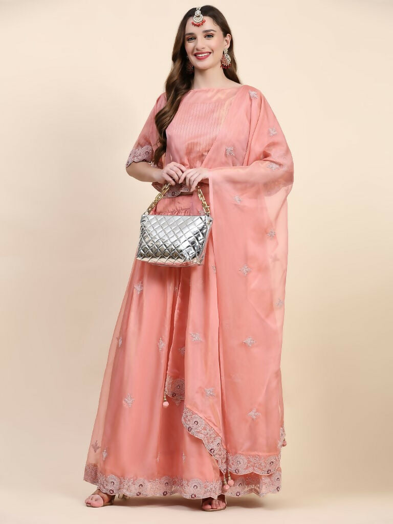 Peach Silk Embroidered Poncho Pattern Top & Lehenga with Dupatta - Tanya