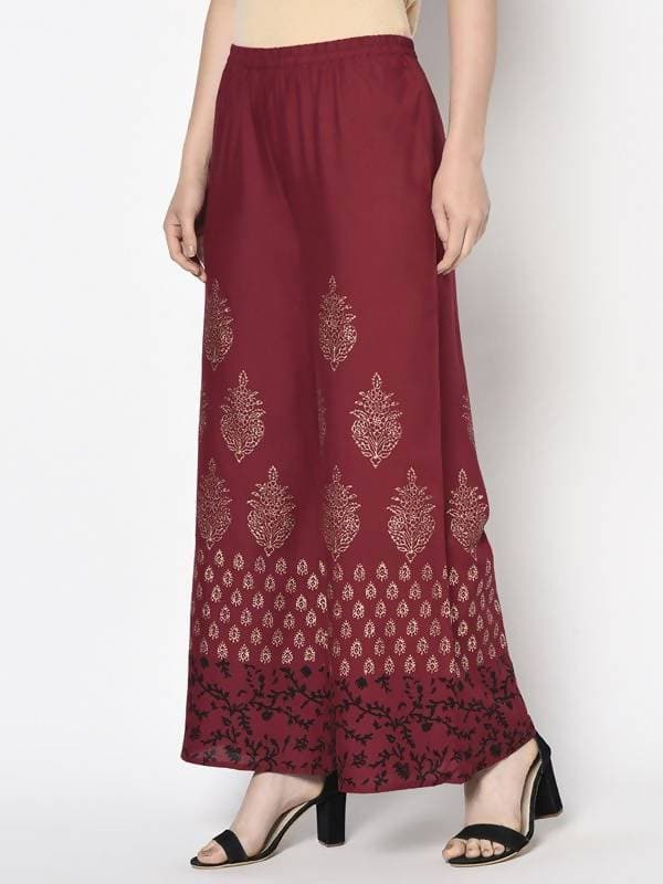 Aniyah Rayon Maroon Color Block Print Flared Slip-On Palazzo (AN-183K)
