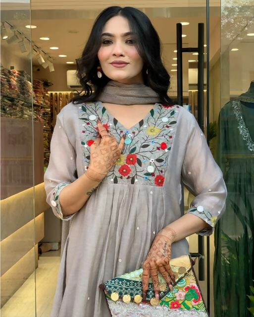 The52 Grey Women's Gorgeous Chinon Viscose Fabric Embroidered Work Straight Kurta Pant and Dupatta Set - Distacart