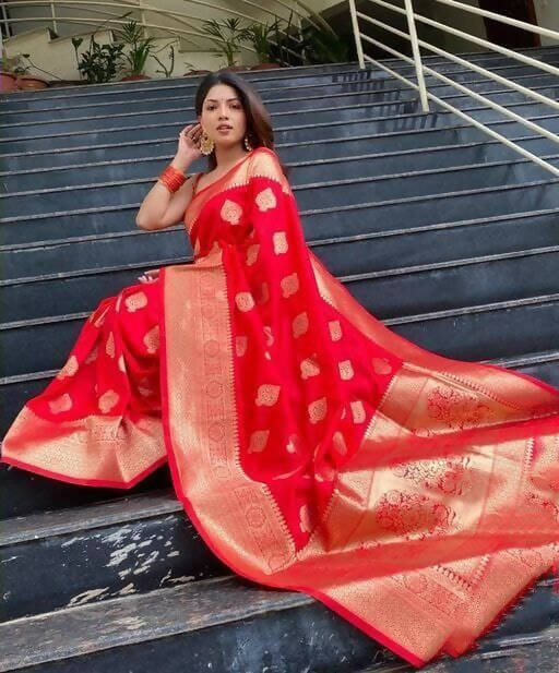 DEIANA'S Beautiful Designer Golden zari Soft Lichi Silk Saree - Red