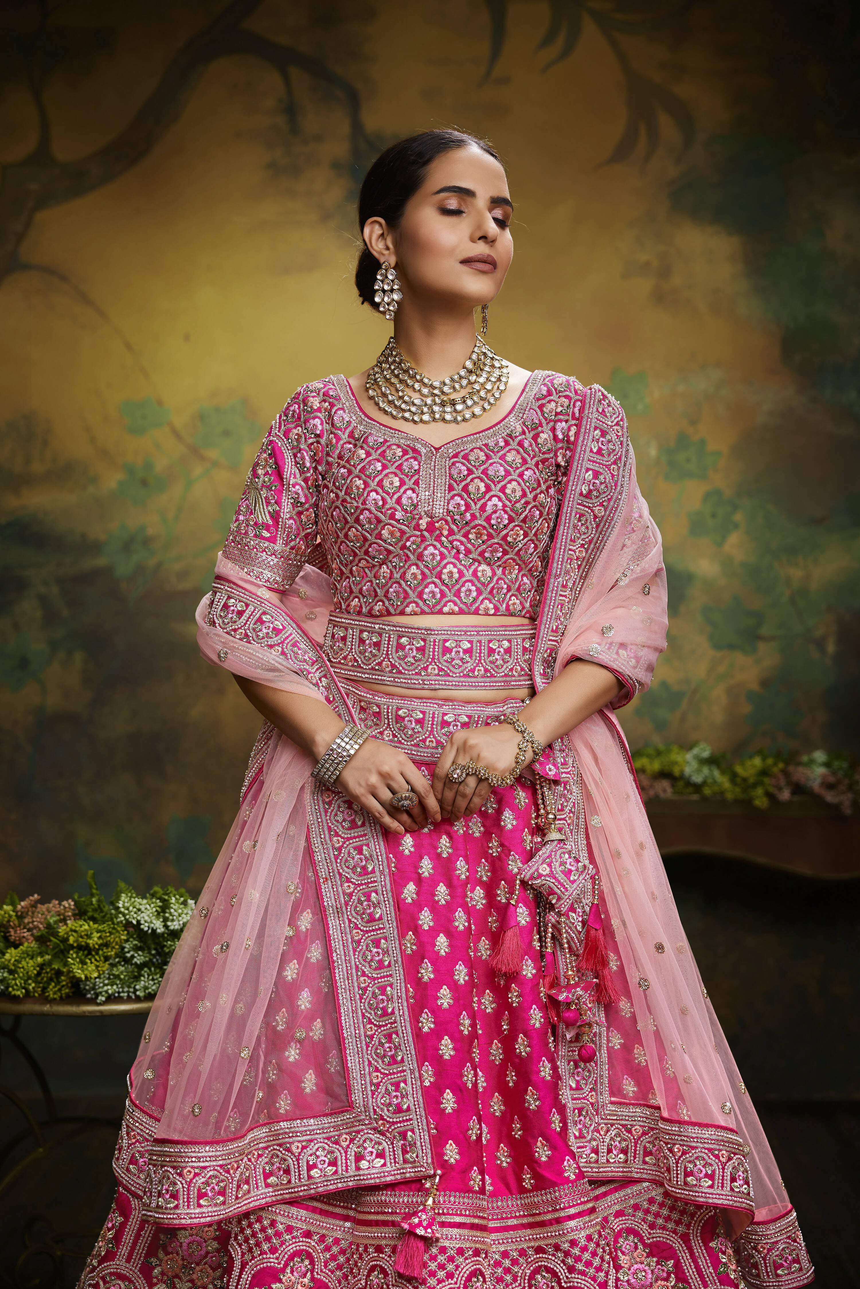 House of Panchhi Pink Pure Silk Moti & Zarkan heavy embroidery Lehenga choli & Dupatta