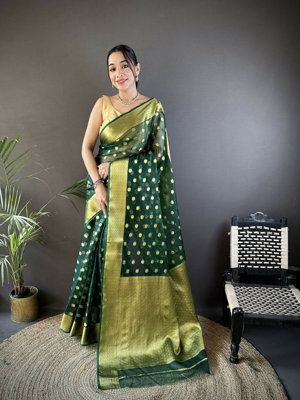 Joban Fashion Green Polka-Dot Zari Woven Organza Silk Banarasi Silk Saree - Distacart