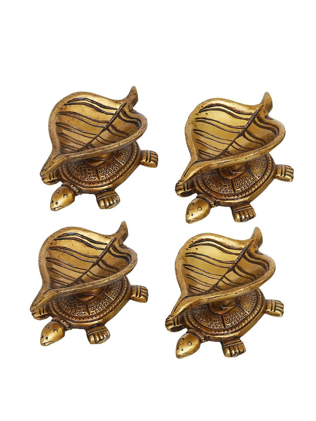 eCraftIndia 4 Pieces Beige Tortoise Statue Leaf Design Diyas
