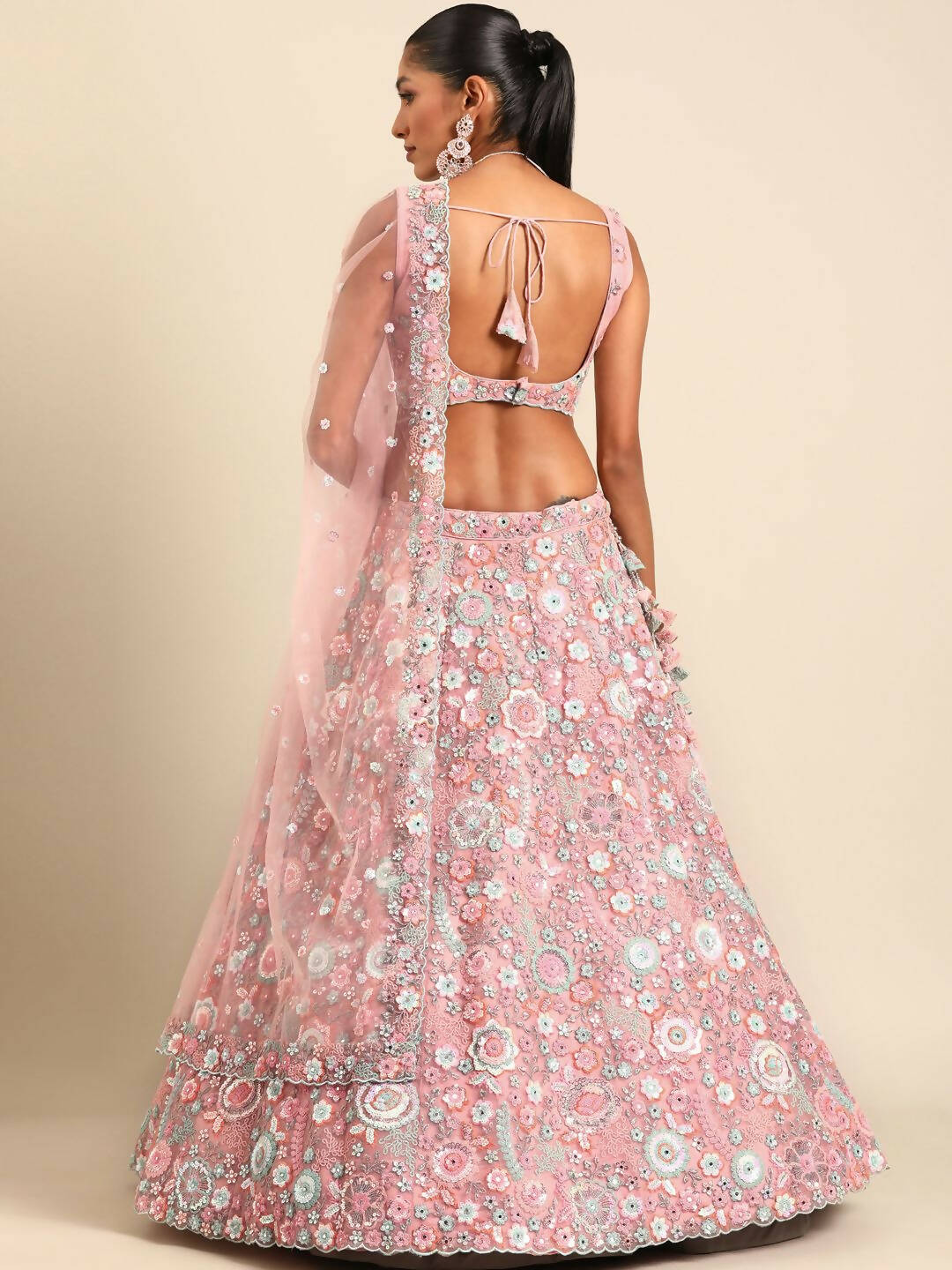 House of Panchhi Pink Net Sequins, Mirror and thread embroidery Lehenga choli & Dupatta