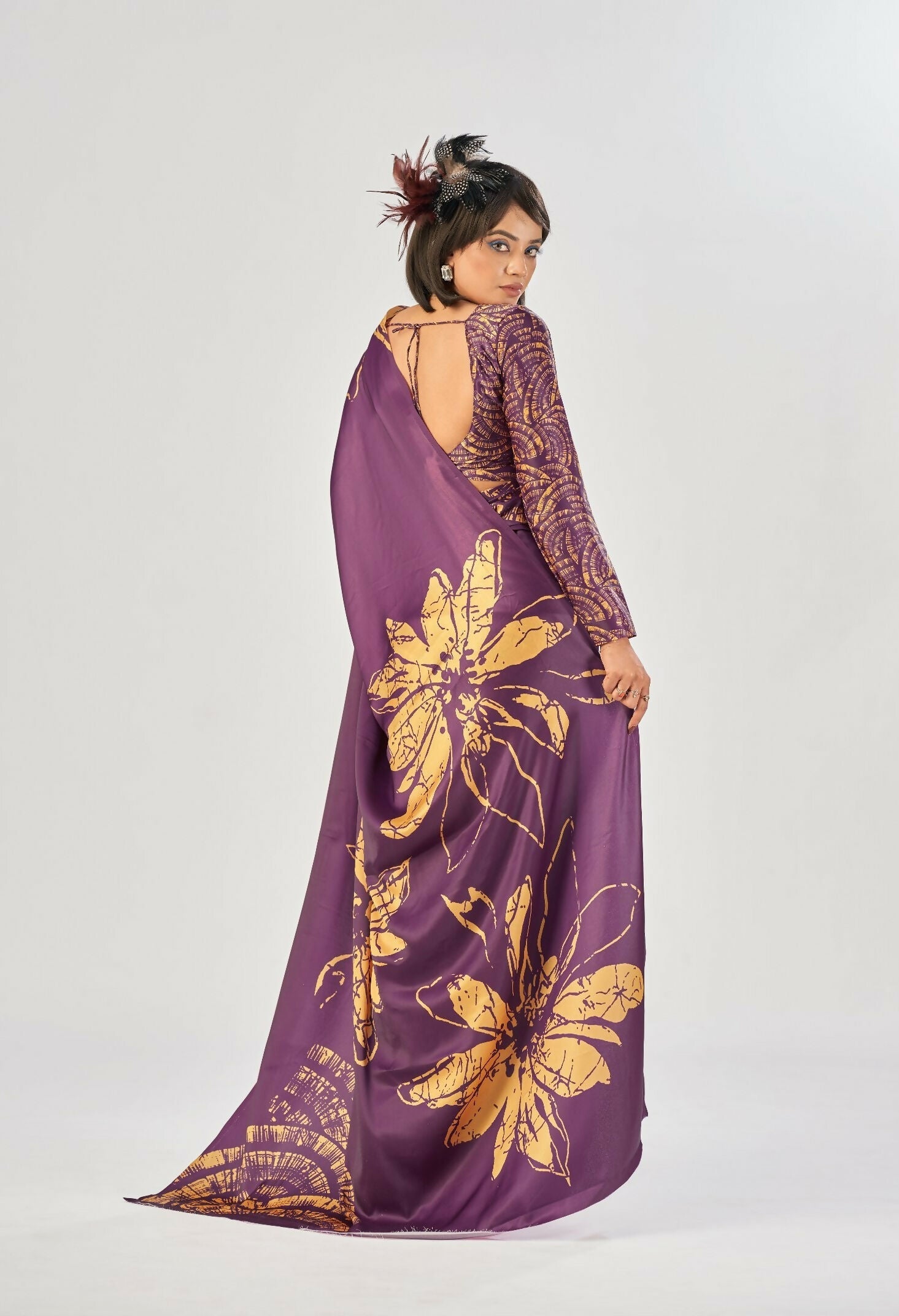 Vastranavya Wine Satin Silk Elegant Printed Saree with Unstitched Blouse - Distacart