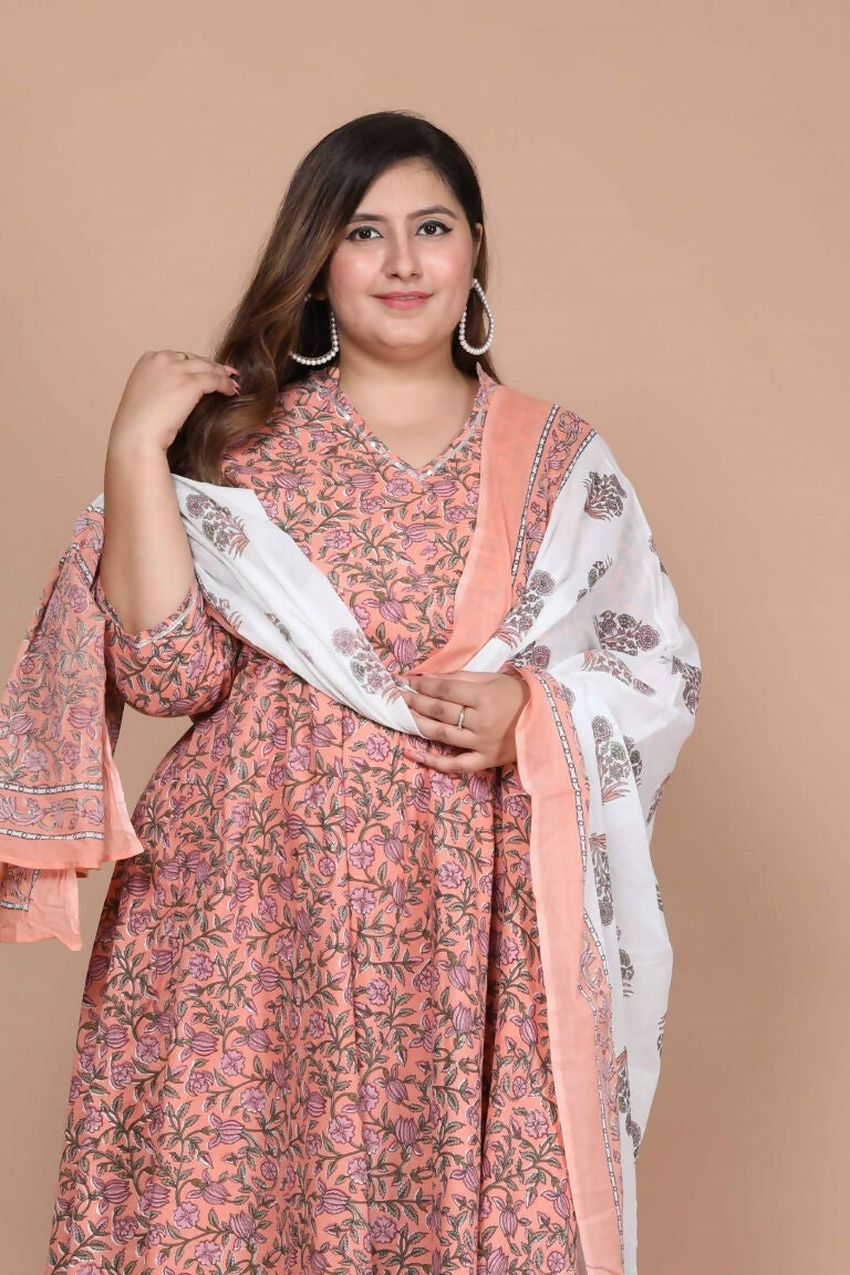 Miravan Women's Plus Size Surpassing Orange Partywear Floral Printed Anarkali Kurta Dupatta 