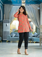 Juniper Women's Orange Ethnic Motif Printed Viscose Tunic With Buttons Detailing