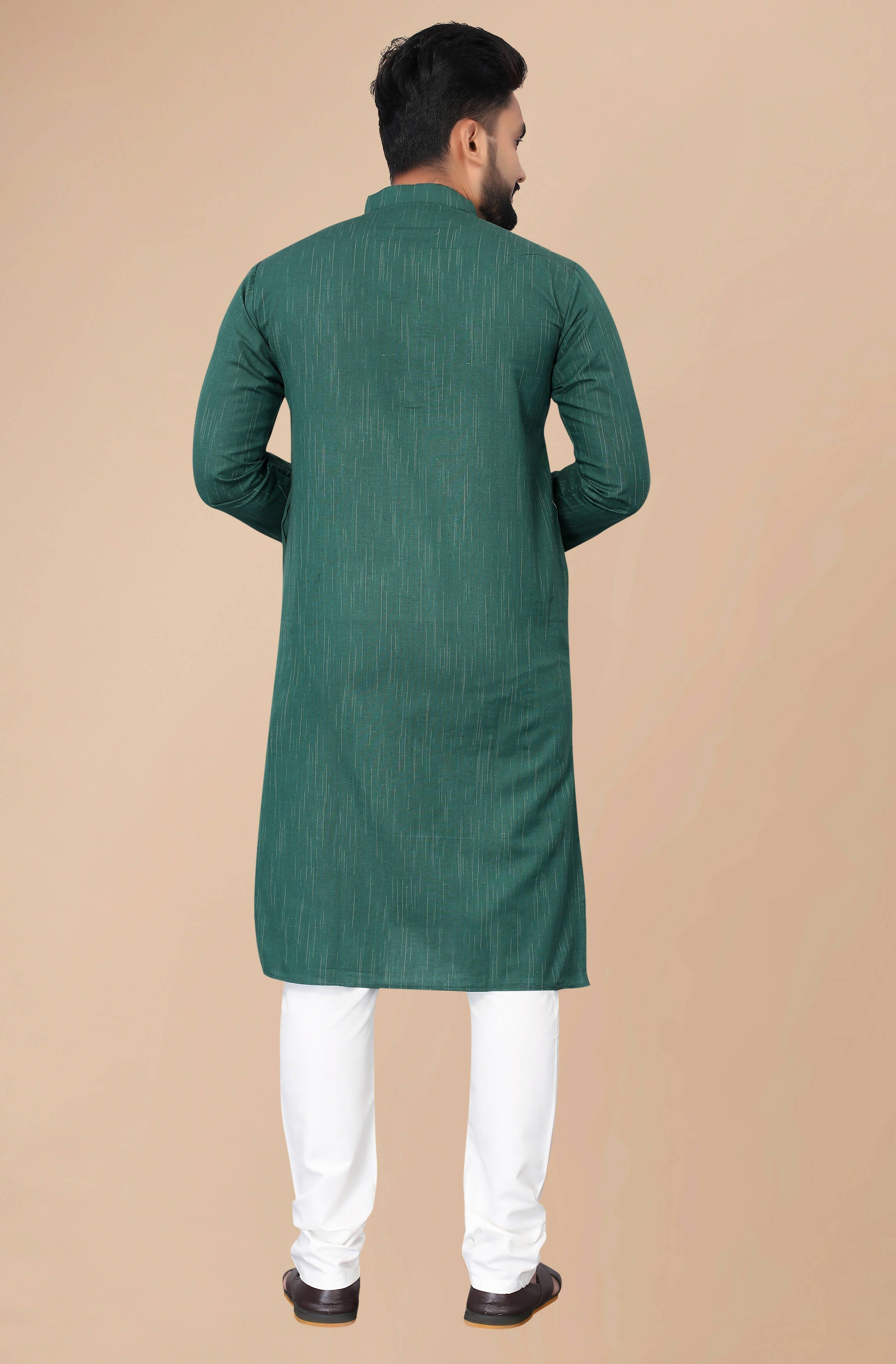 Indian Clothing Men's Green Striped Cotton Kurta - Mahotsav