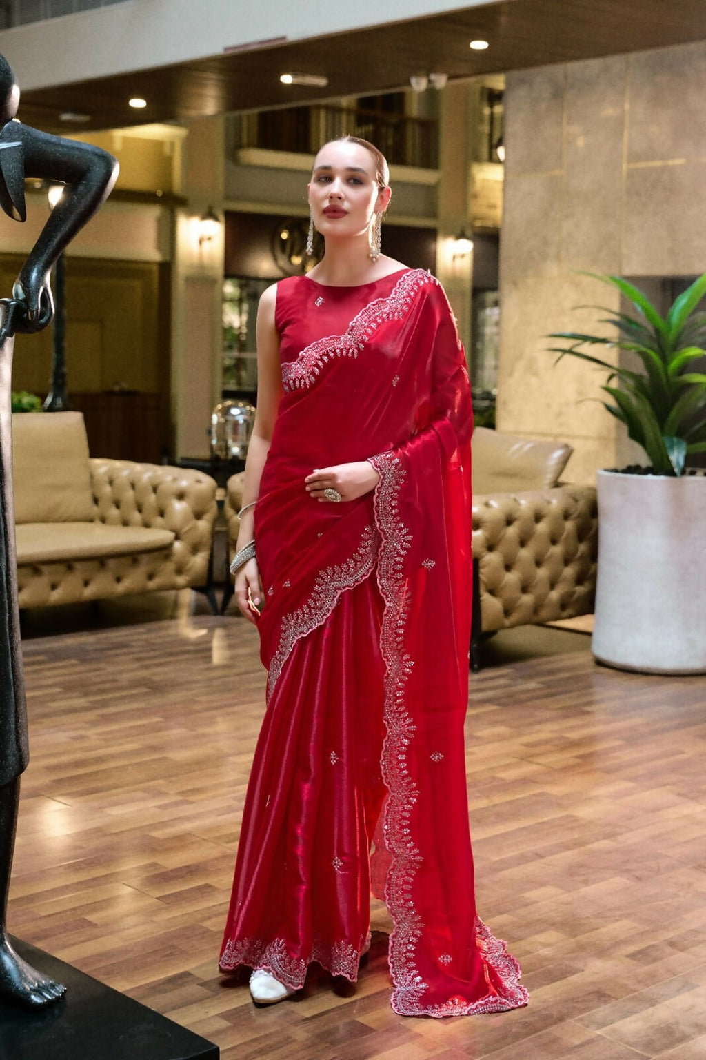 Vastranavya Red Embroidery Work Shimmer Chiffon Saree with Unstitched Blouse - Distacart
