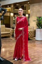 Vastranavya Red Embroidery Work Shimmer Chiffon Saree with Unstitched Blouse - Distacart