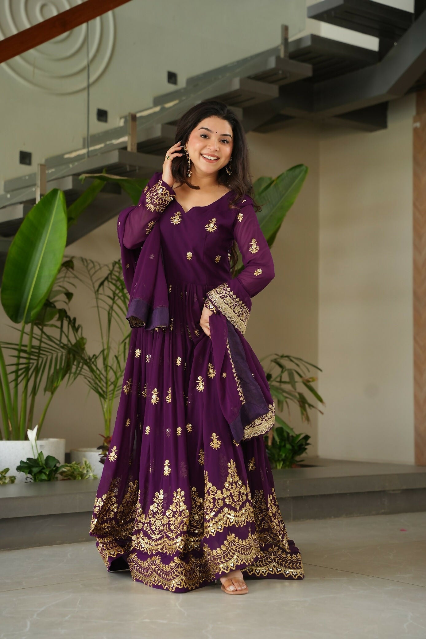 Joban Fashion Purple Georgette Sequence Embroidery Work Kurta Set - Distacart