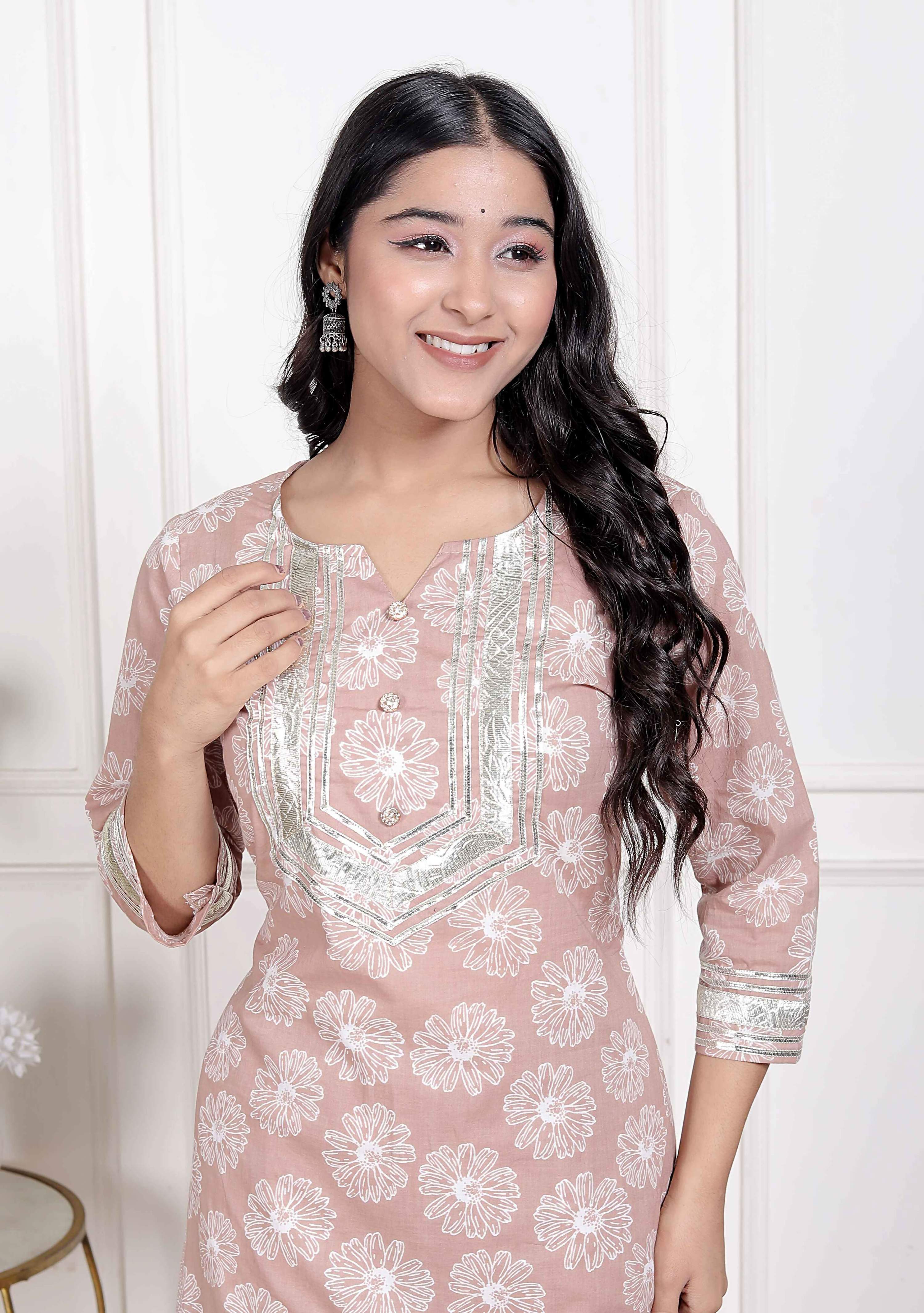 Miravan Women Brown Floral Printed Straight Ethnic Kurta with Palazzo