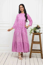 Myshka Women Pink Floral Cotton A-Line Mandarin Collar Long Dress - Distacart