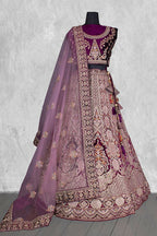 Purple Velvet Thread with Hand Work Semi Stitched Lehenga Choli with Dupatta - Nimaya Lagnotsav