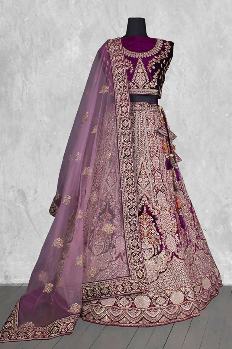 Purple Velvet Thread with Hand Work Semi Stitched Lehenga Choli with Dupatta - Nimaya Lagnotsav