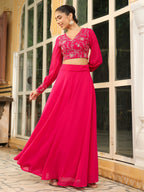 Janasya Pink Georgette Embroidered Top & Skirt