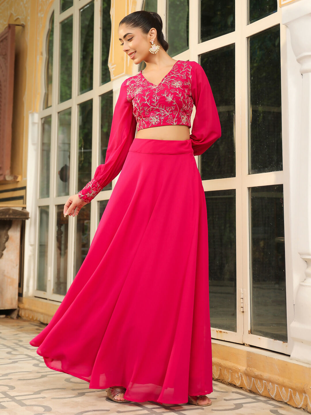 Janasya Pink Georgette Embroidered Top & Skirt
