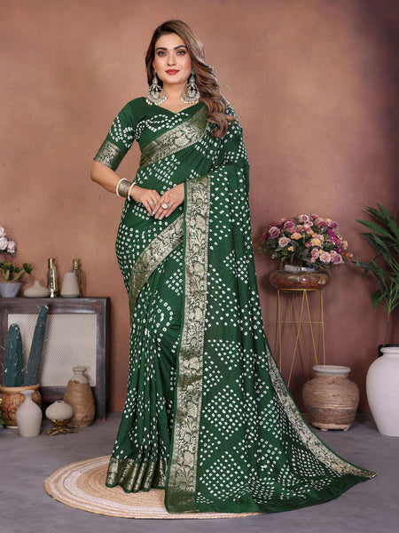 Aastha Fashion Green Pure Dola Silk Handmade Original Bandhej Saree