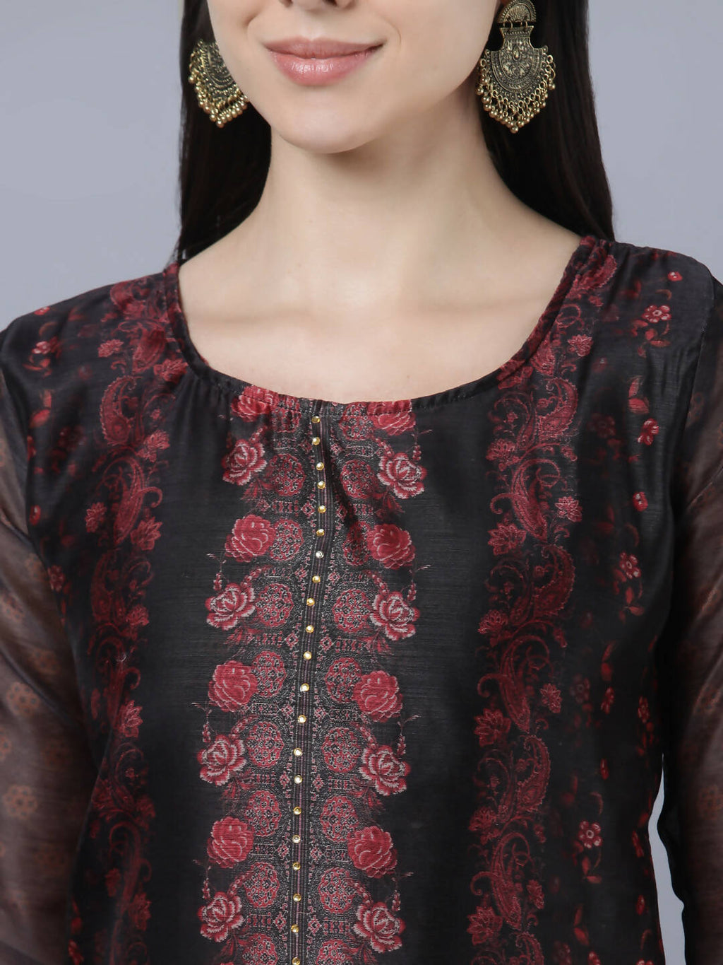 Myshka Women Black Red Floral Printed Chanderi Silk Kurta - Distacart