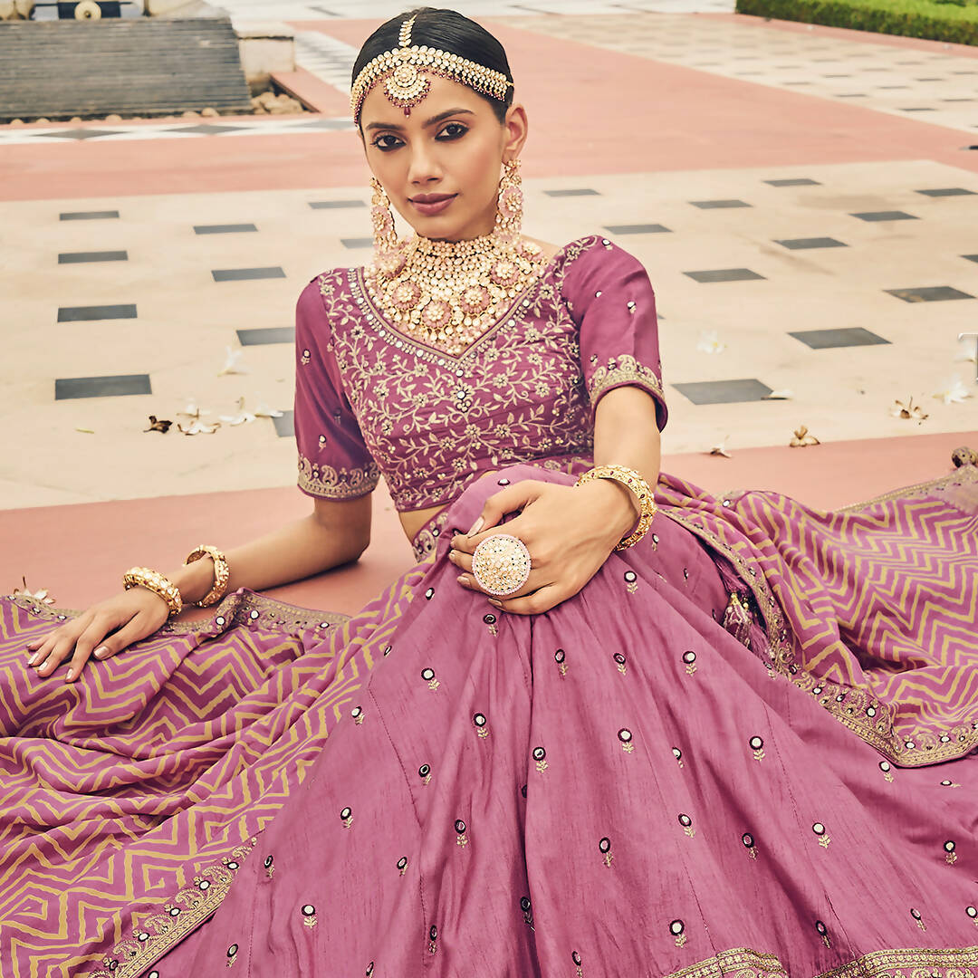 Onion Pink Heavy Viscose Khatli, Embroidery & Mirror Work Unstitched Lehenga Choli - Sisha Keshav