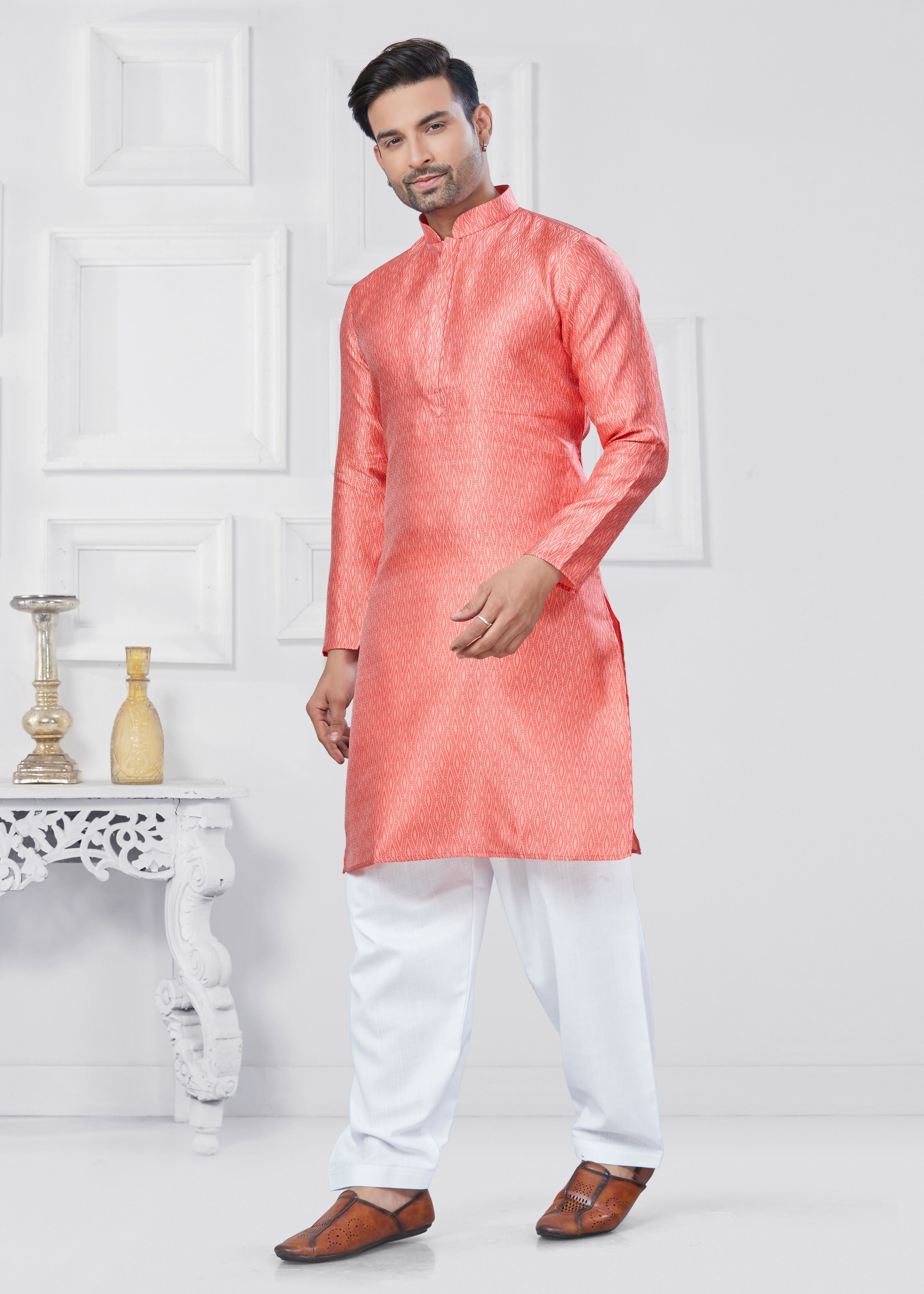Joban Fashion Men's Jacquard Silk Pink Printed Kurta Pyjama set