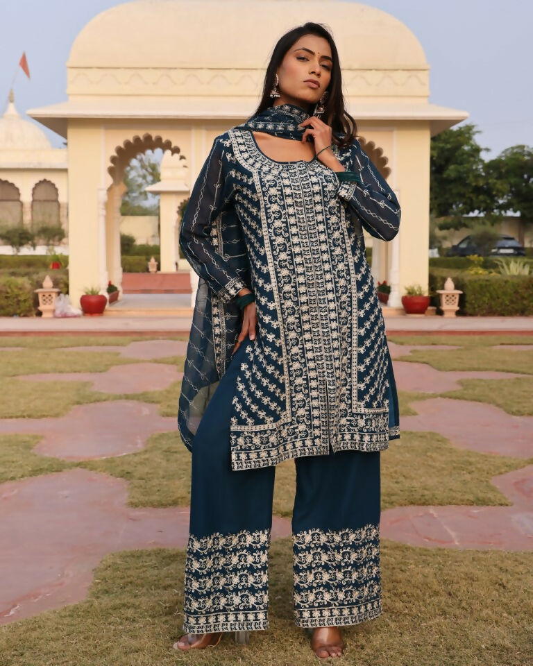 Jyoti Fashion Women's Morpeach Georgette Embroidered Designer Kurta Set