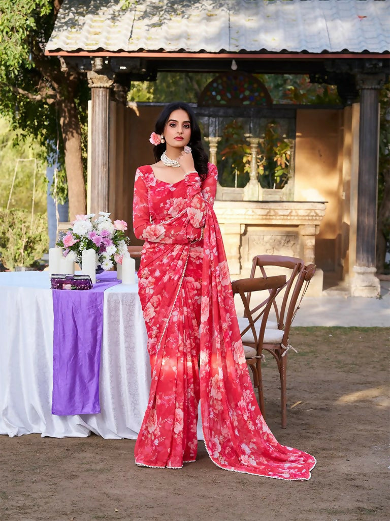 Vastranavya Red Weightless Marble Printed & Pearl Lace Border Saree with Unstitched Blouse