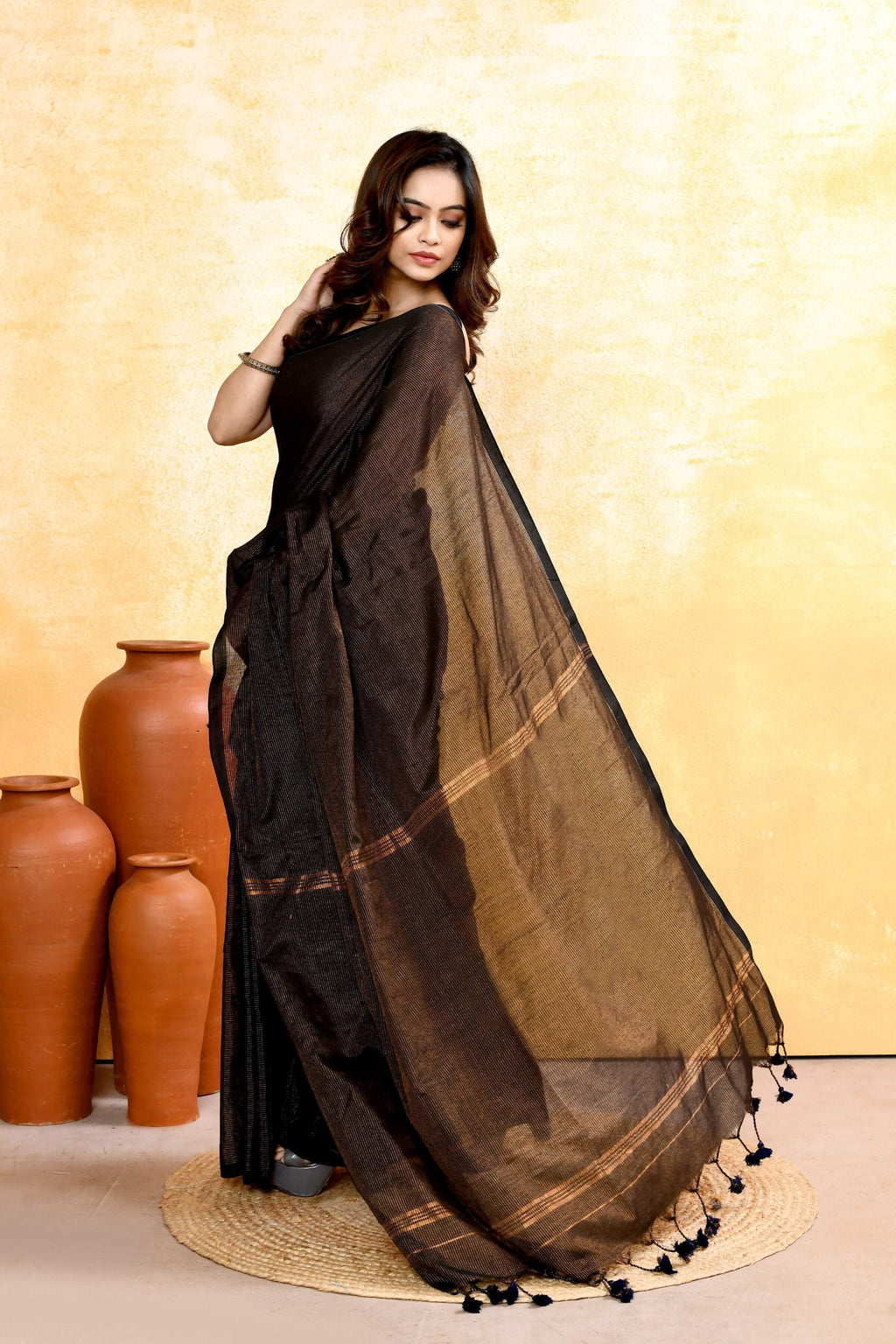 Piyari Fashion Women's Black Embellished Cotton Blend Zari Check Handloom Saree - Distacart