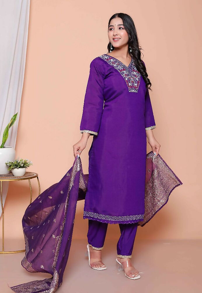 Miravan Womens Purple Muslin Straight Kurta And Palazzo With Dupatta Suit Set - Distacart