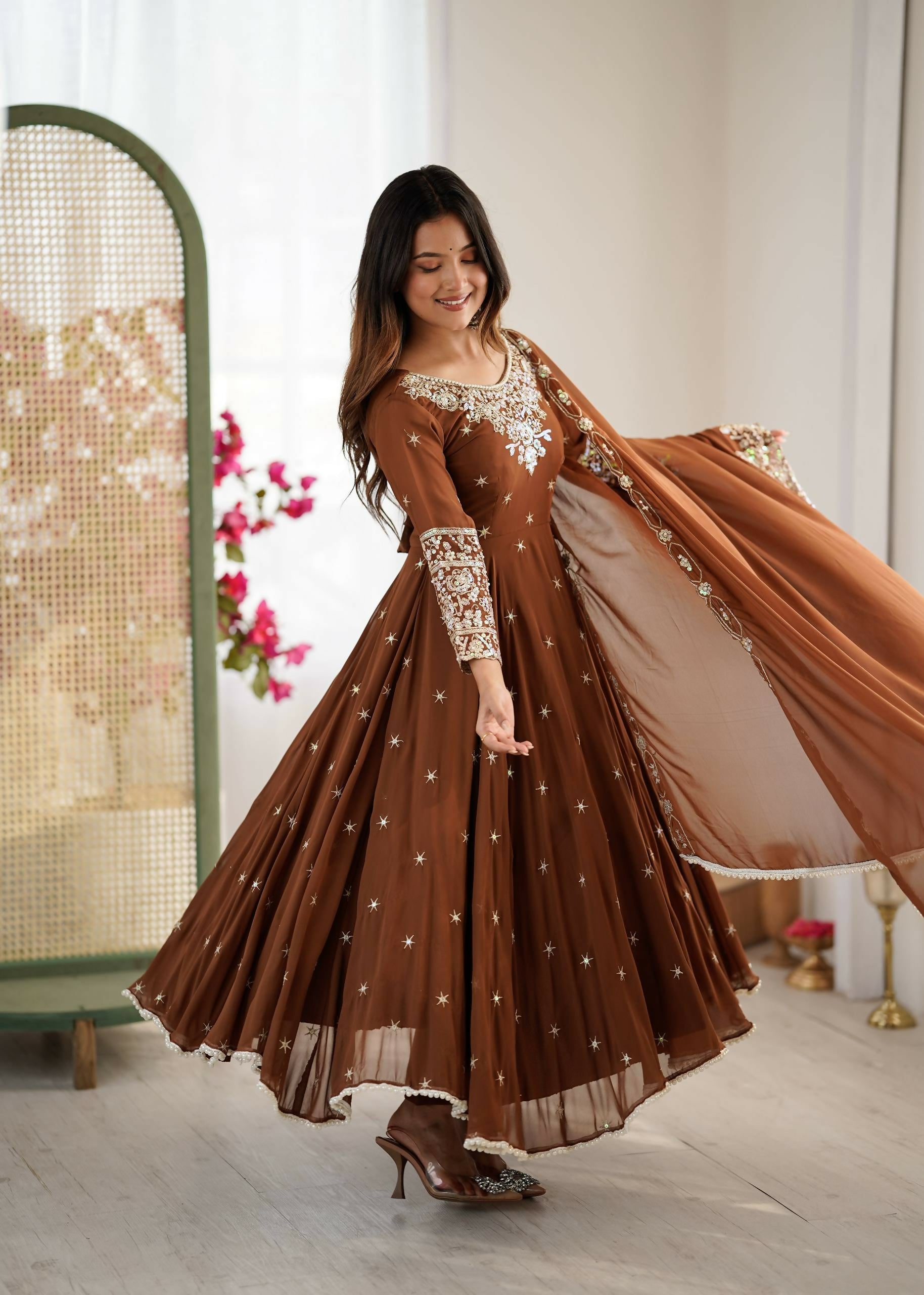 Teeya Creation Browm Color Faux georgette Embroidery Work Wedding Wear Gown - Distacart