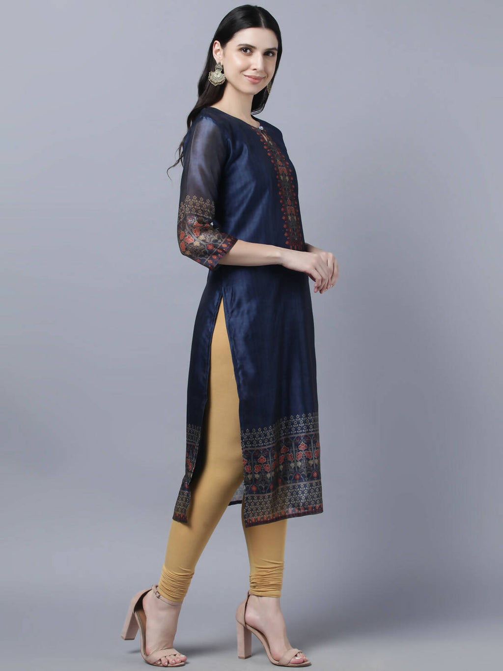 Myshka Women Navy Blue Ethnic Motifs Printed Keyhole Neck Chanderi Silk Kurta - Distacart