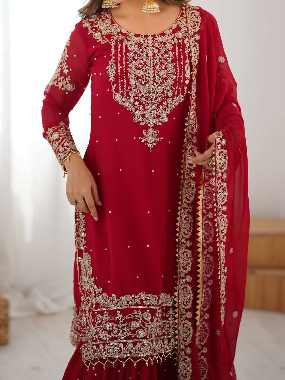 The52 Women's Beautiful Faux Georgette Fabric Embroidery Work Straight Kurt Sharara and Dupatta Set - Distacart