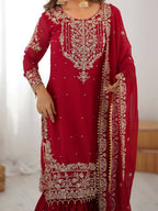 The52 Women's Beautiful Faux Georgette Fabric Embroidery Work Straight Kurt Sharara and Dupatta Set - Distacart