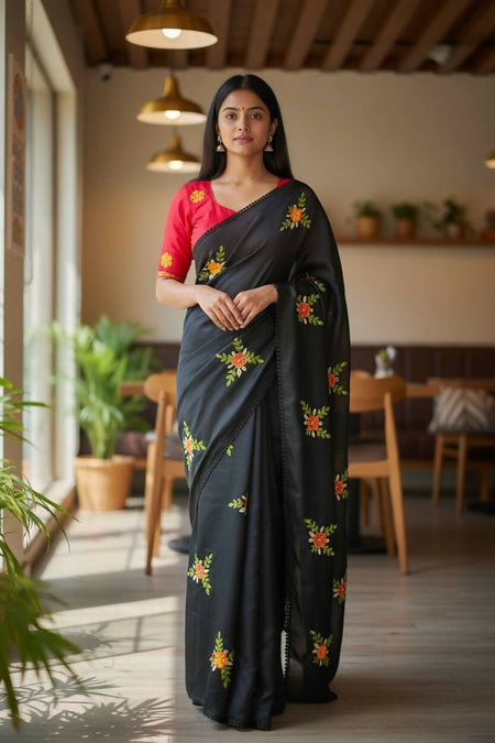 Teeya Creation Black Rangoli Silk Embroidery Work Party Wear Designer Saree